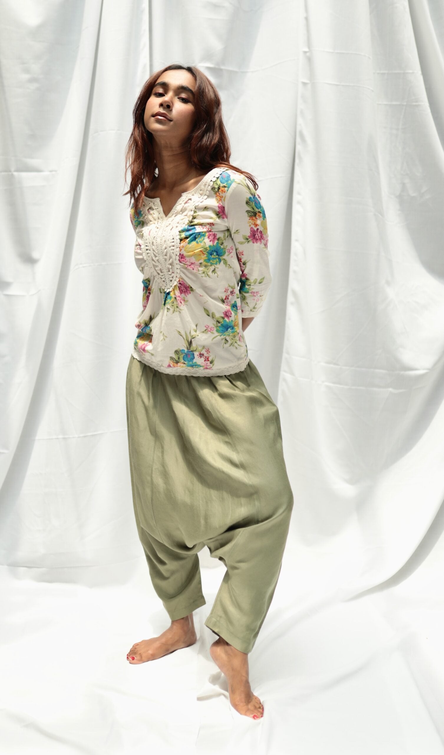 Cotton Printed White Top with Yoke Lace