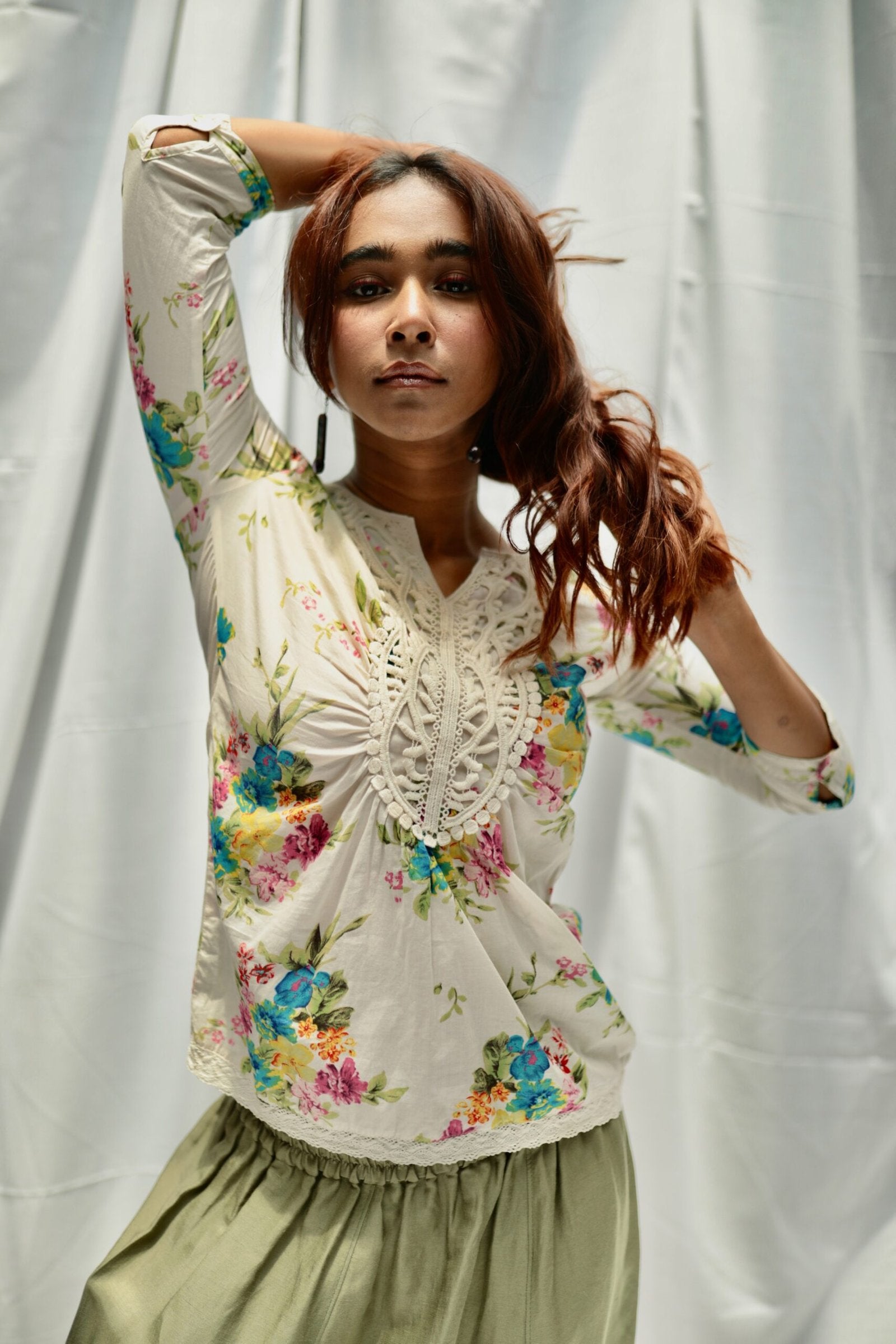 Cotton Printed White Top with Yoke Lace