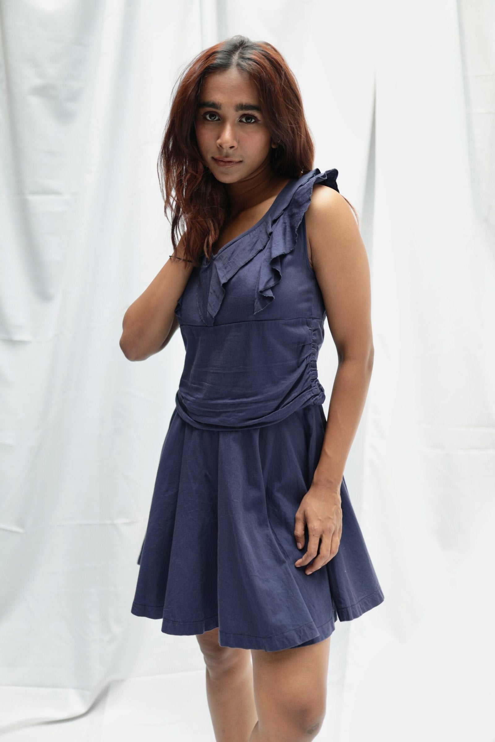 Navy blue sleeveless short dress with ruffles