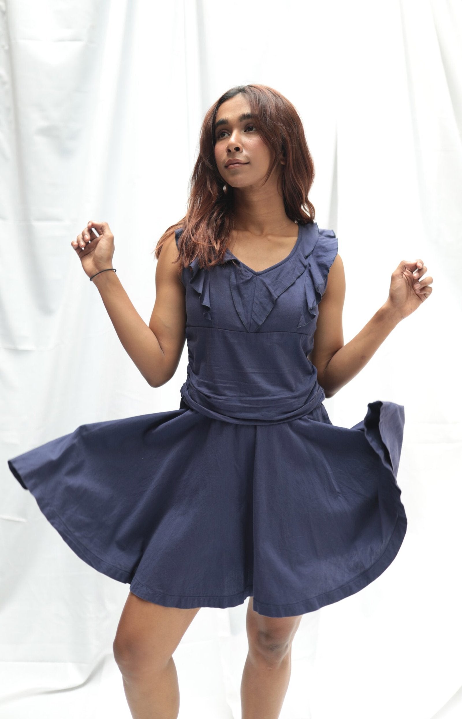 Navy blue sleeveless short dress with ruffles