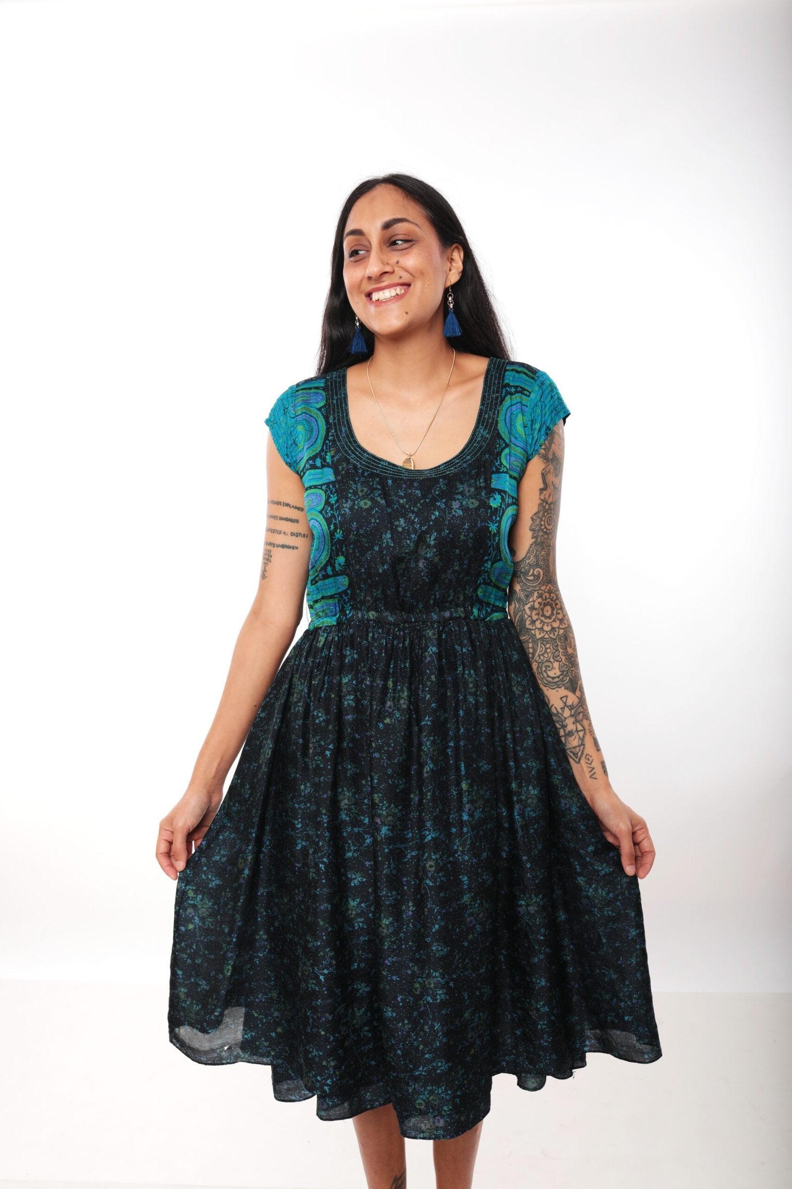 HOUSE OF WANDERING SILK- Blue and Black Silk Midi Dress