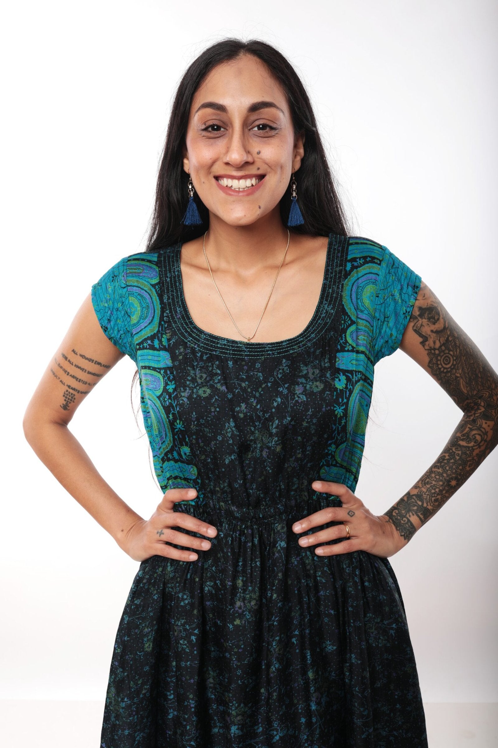 HOUSE OF WANDERING SILK- Blue and Black Silk Midi Dress