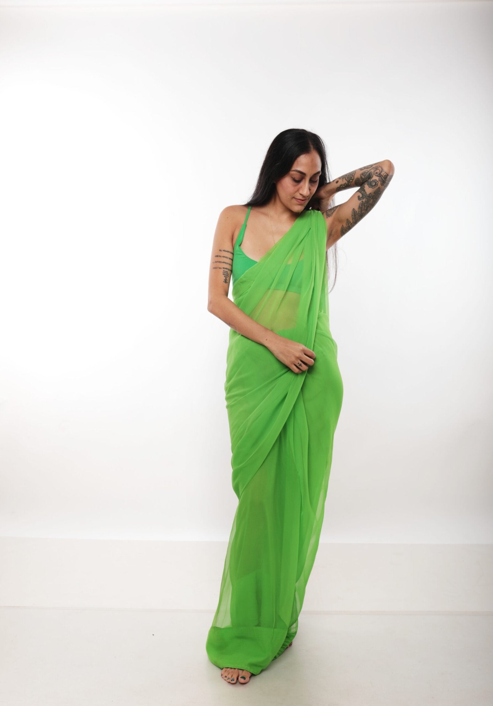 Parrot Green Chiffon Sari