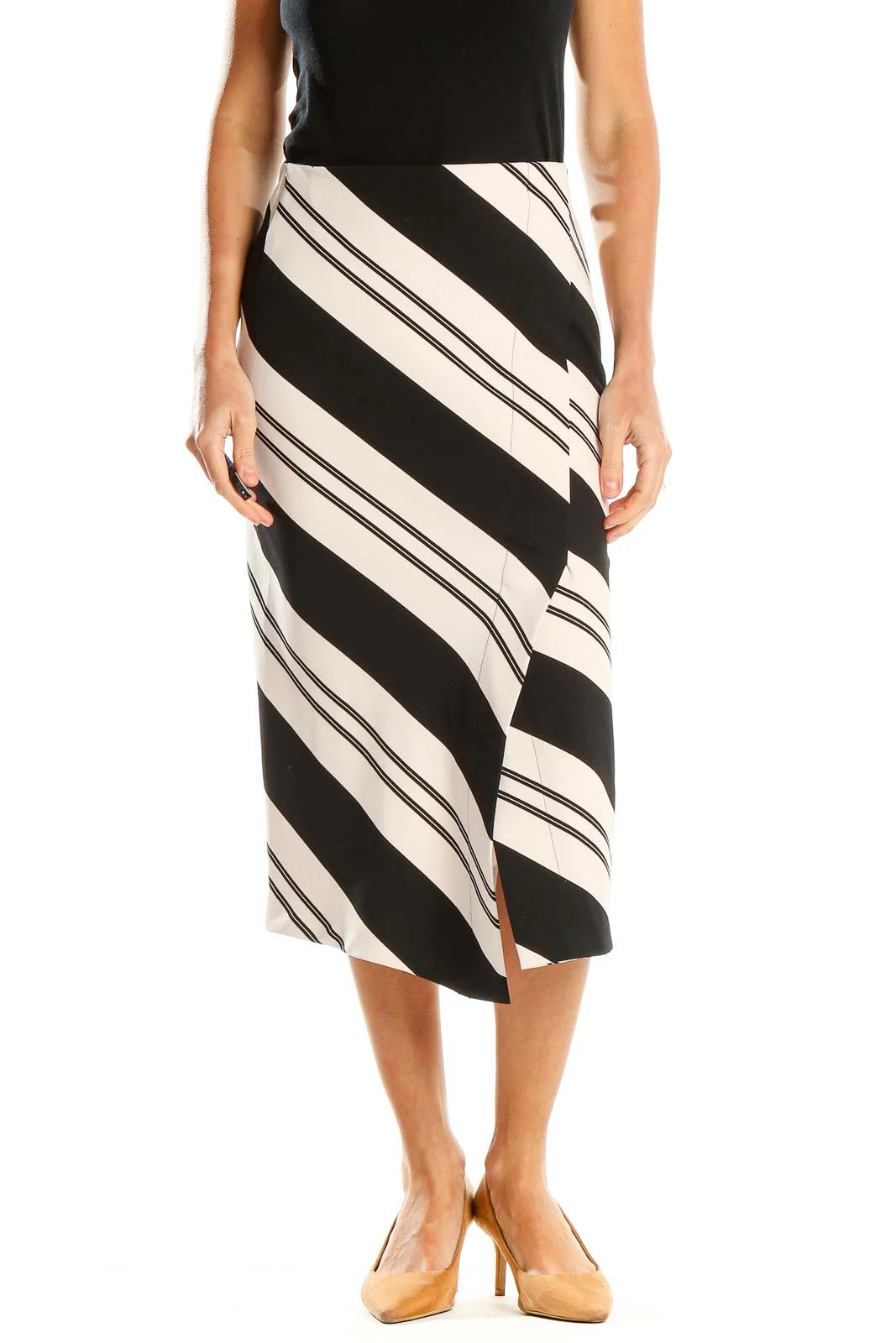 ZARA WOMAN - Black and White Striped Midi Skirt