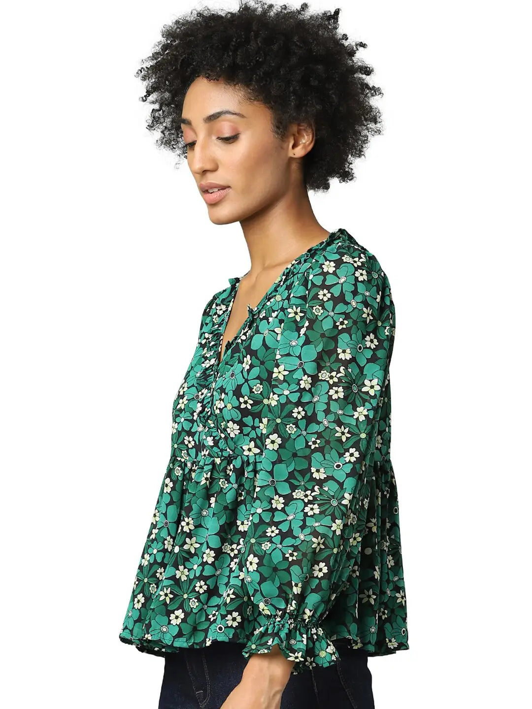 ONLY - Green Printed V Neck Peplum Top