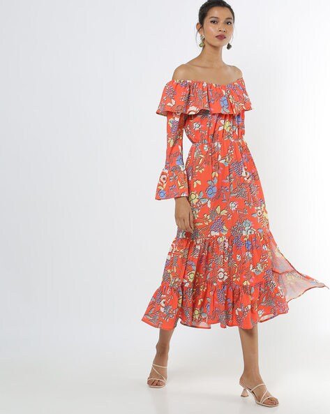 Floral Print Off-Shoulder A-line Dress with Slit