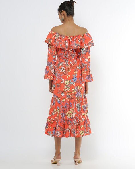 Floral Print Off-Shoulder A-line Dress with Slit