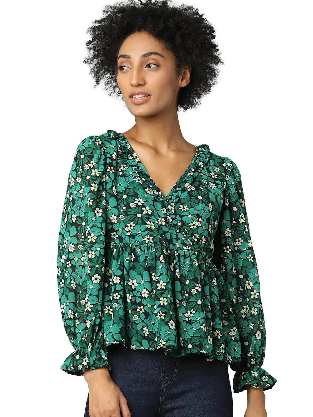 ONLY - Green Printed V Neck Peplum Top
