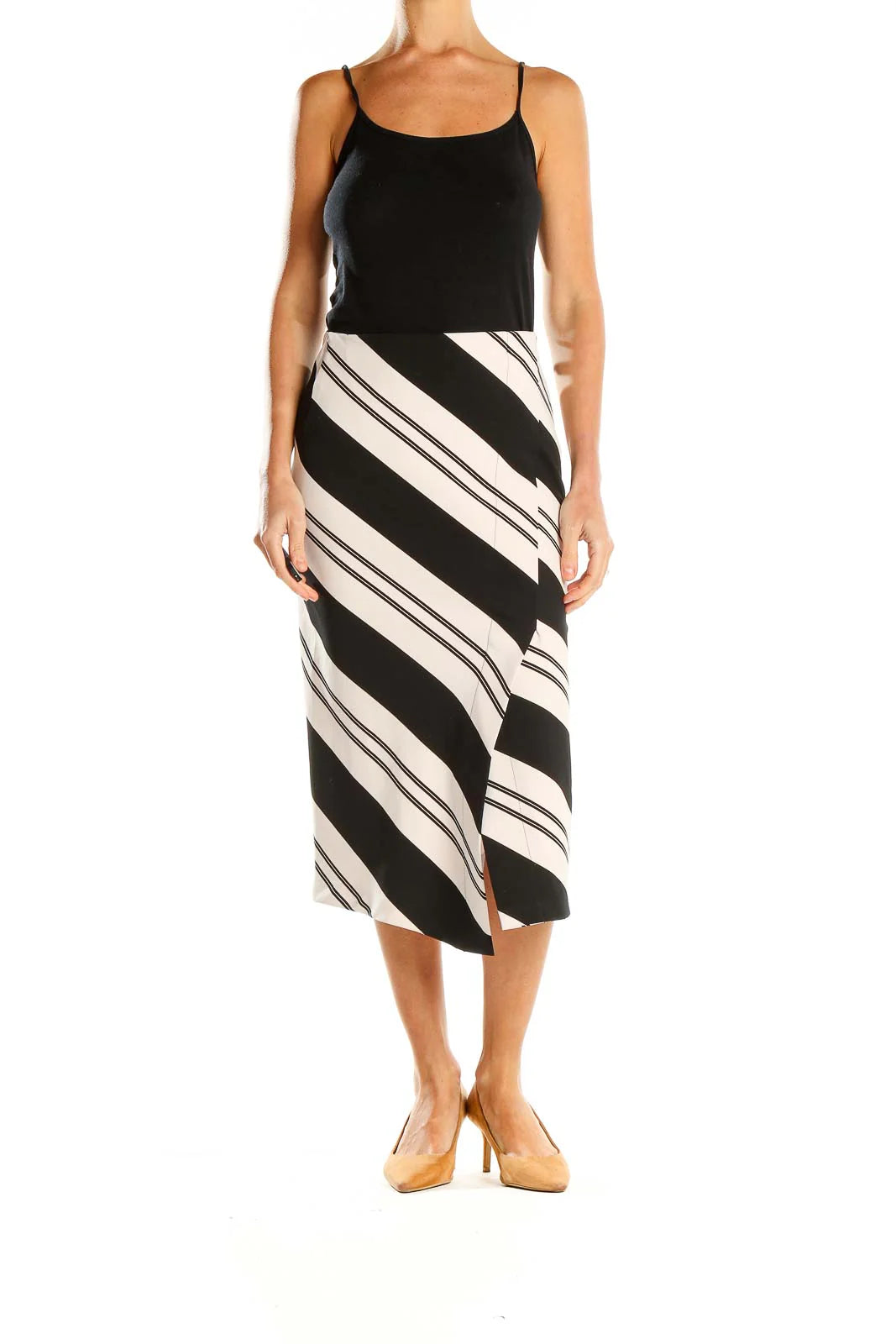 ZARA WOMAN - Black and White Striped Midi Skirt