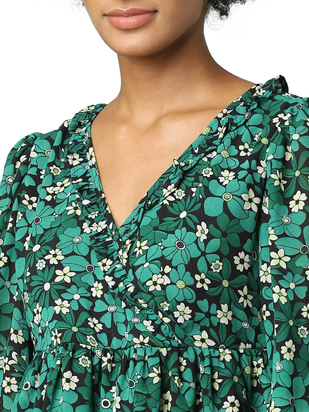 ONLY - Green Printed V Neck Peplum Top