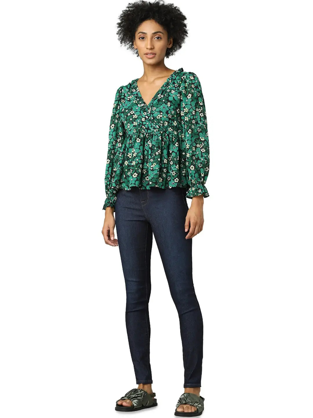 ONLY - Green Printed V Neck Peplum Top