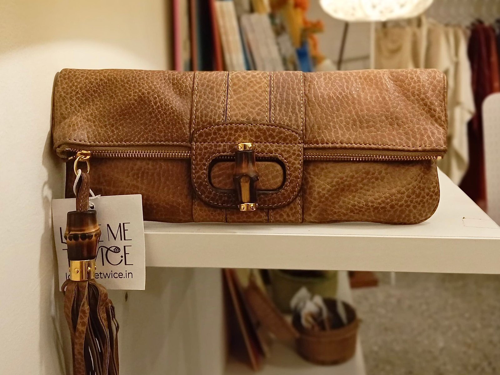 GUCCI- Lucy Brown Leather Bamboo Foldover Clutch Bag