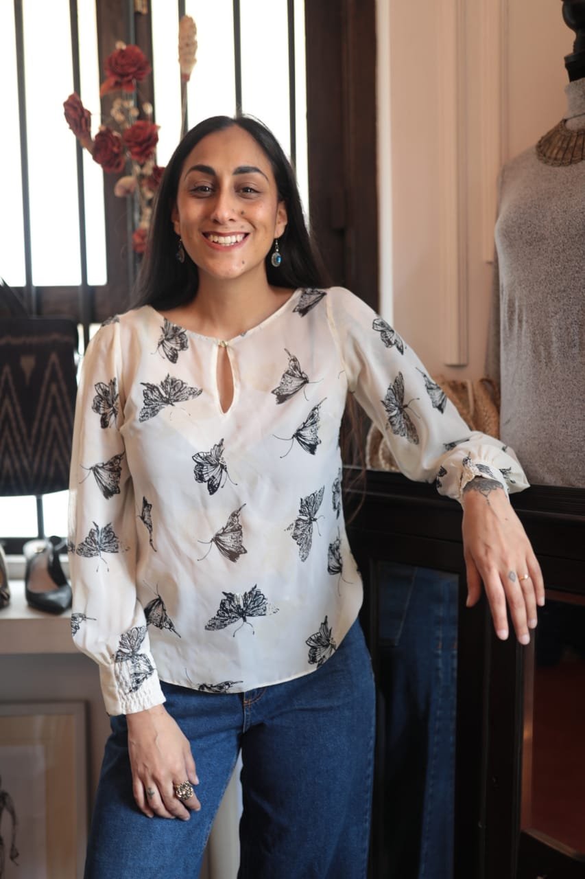 Cream Sheer Top with Butterfly Print