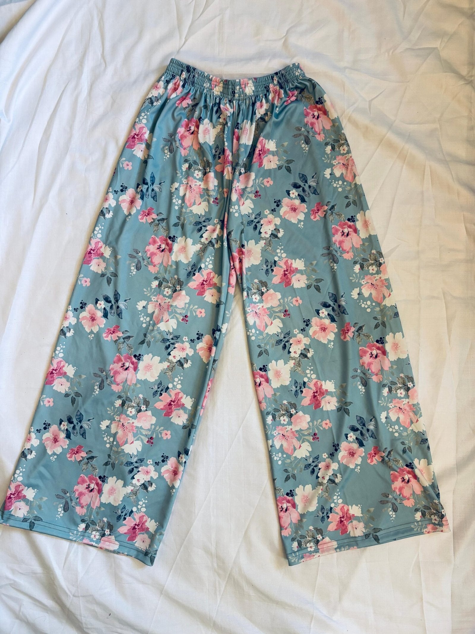 Blue, Pink and White Floral Print Pants