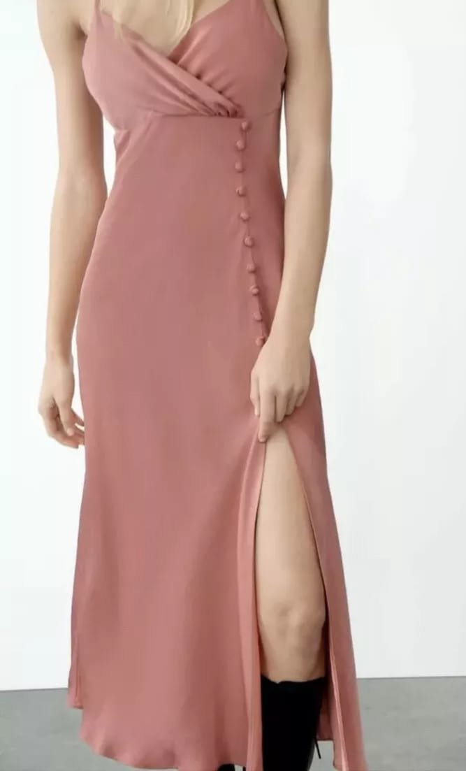 Pink Satin V-neck Spaghetti Straps Wrap Dress