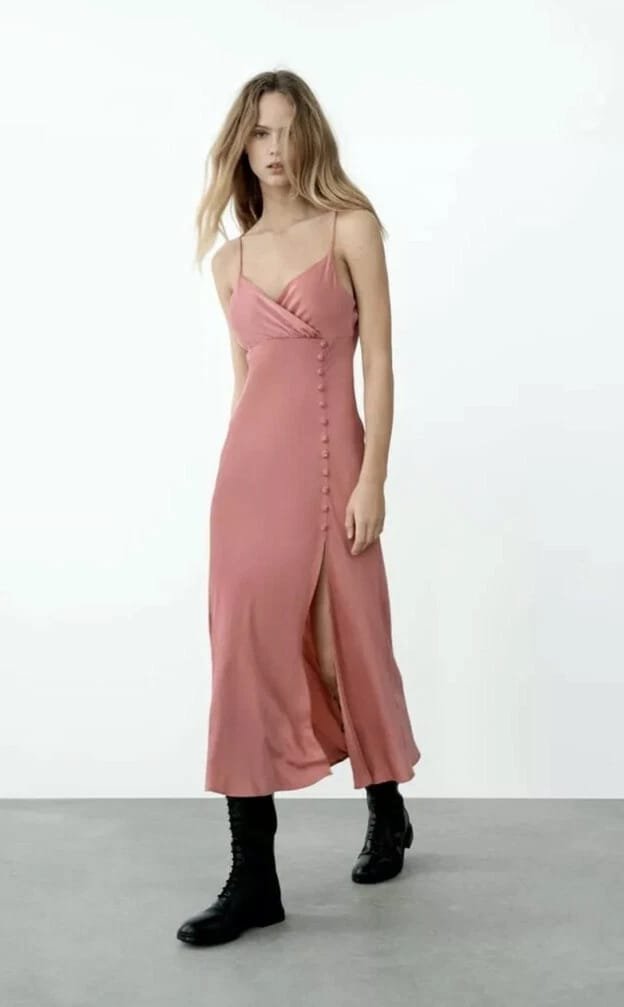 Pink Satin V-neck Spaghetti Straps Wrap Dress