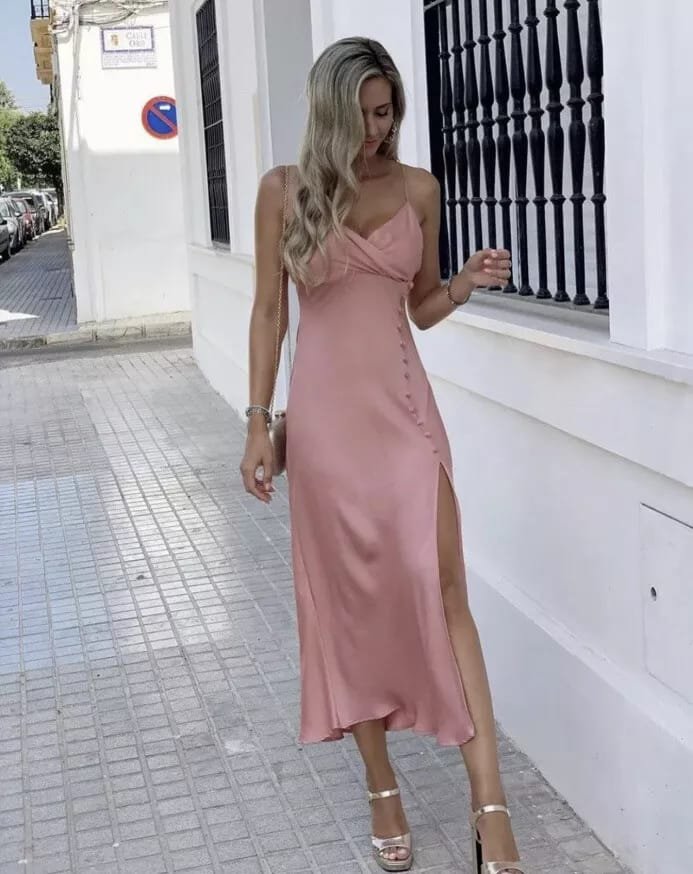 Pink Satin V-neck Spaghetti Straps Wrap Dress
