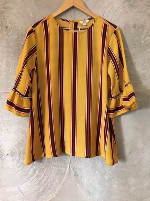 AND - Mustard Yellow & Burgundy striped Bell Sleeves Top