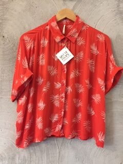 Orange Leaf Print Shirt with Drop Shoulder