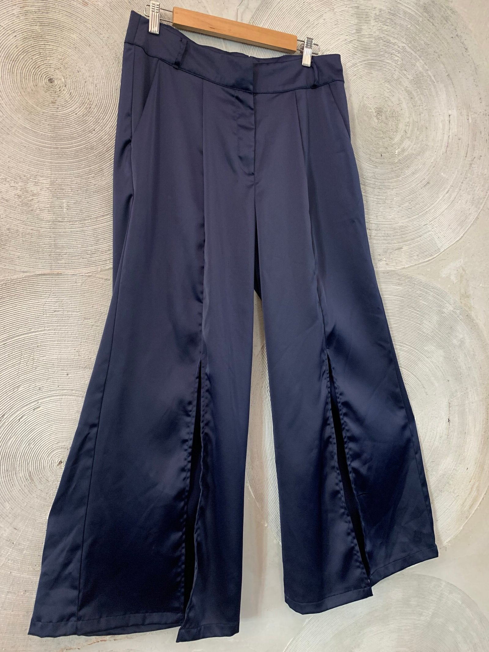 Navy blue flared trousers with slits