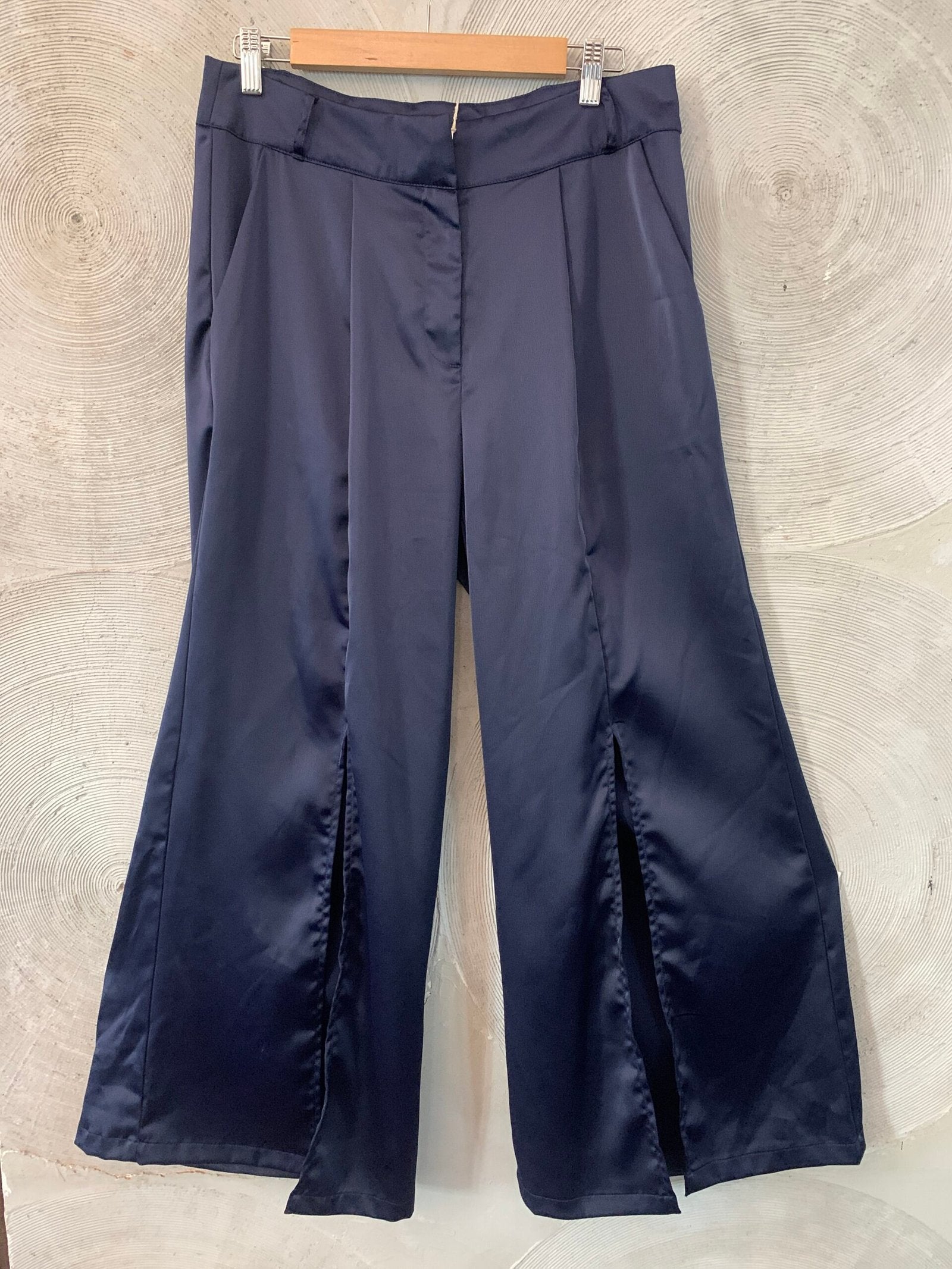 Navy blue flared trousers with slits