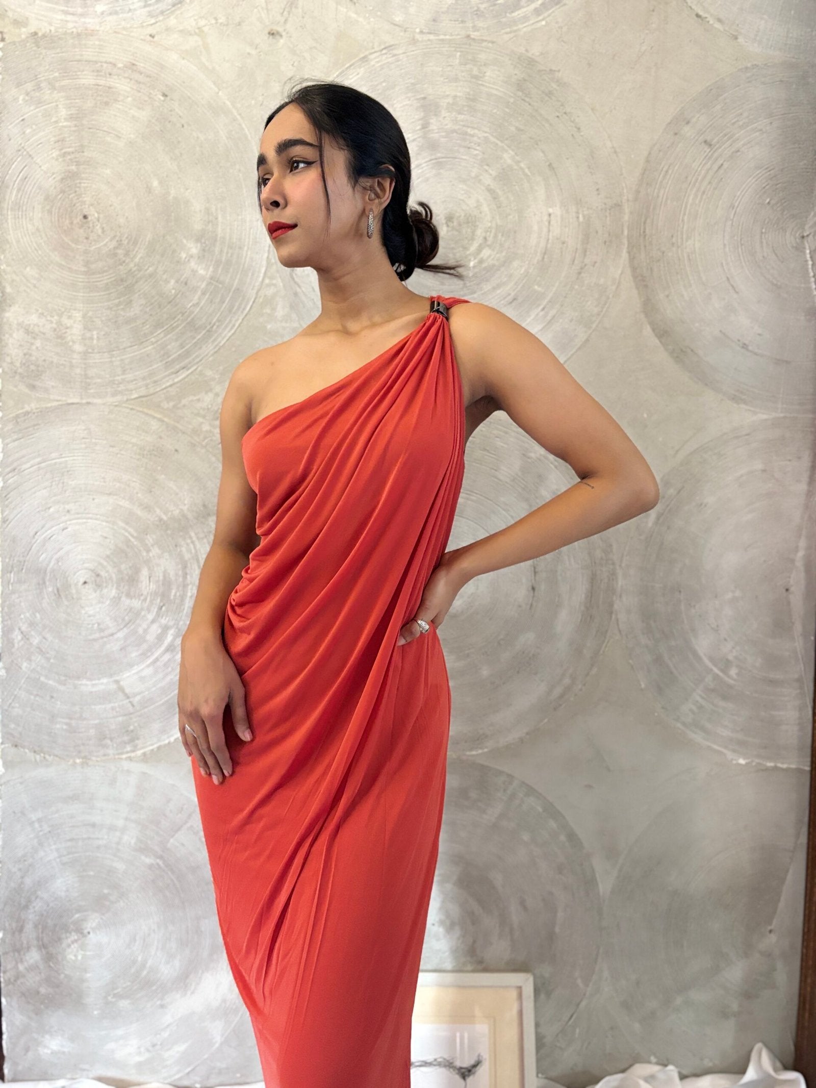 HALSTON HERITAGE- One Shoulder Long Red Drape Dress