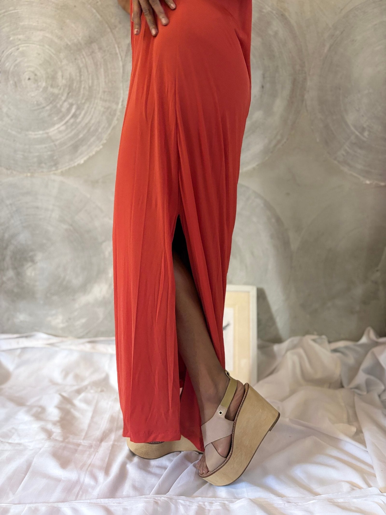 HALSTON HERITAGE- One Shoulder Long Red Drape Dress