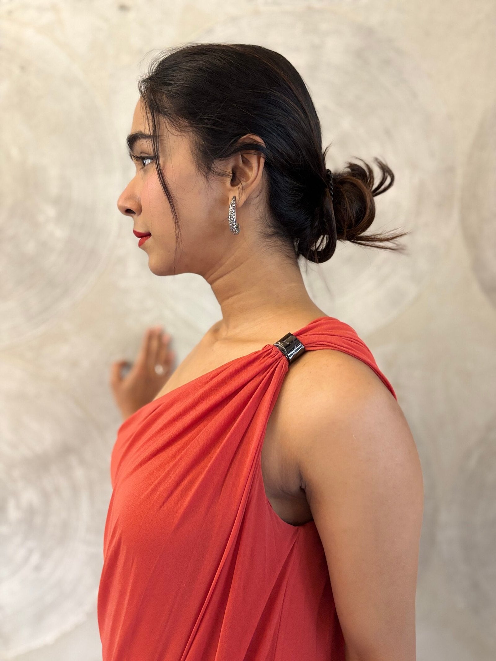 HALSTON HERITAGE- One Shoulder Long Red Drape Dress