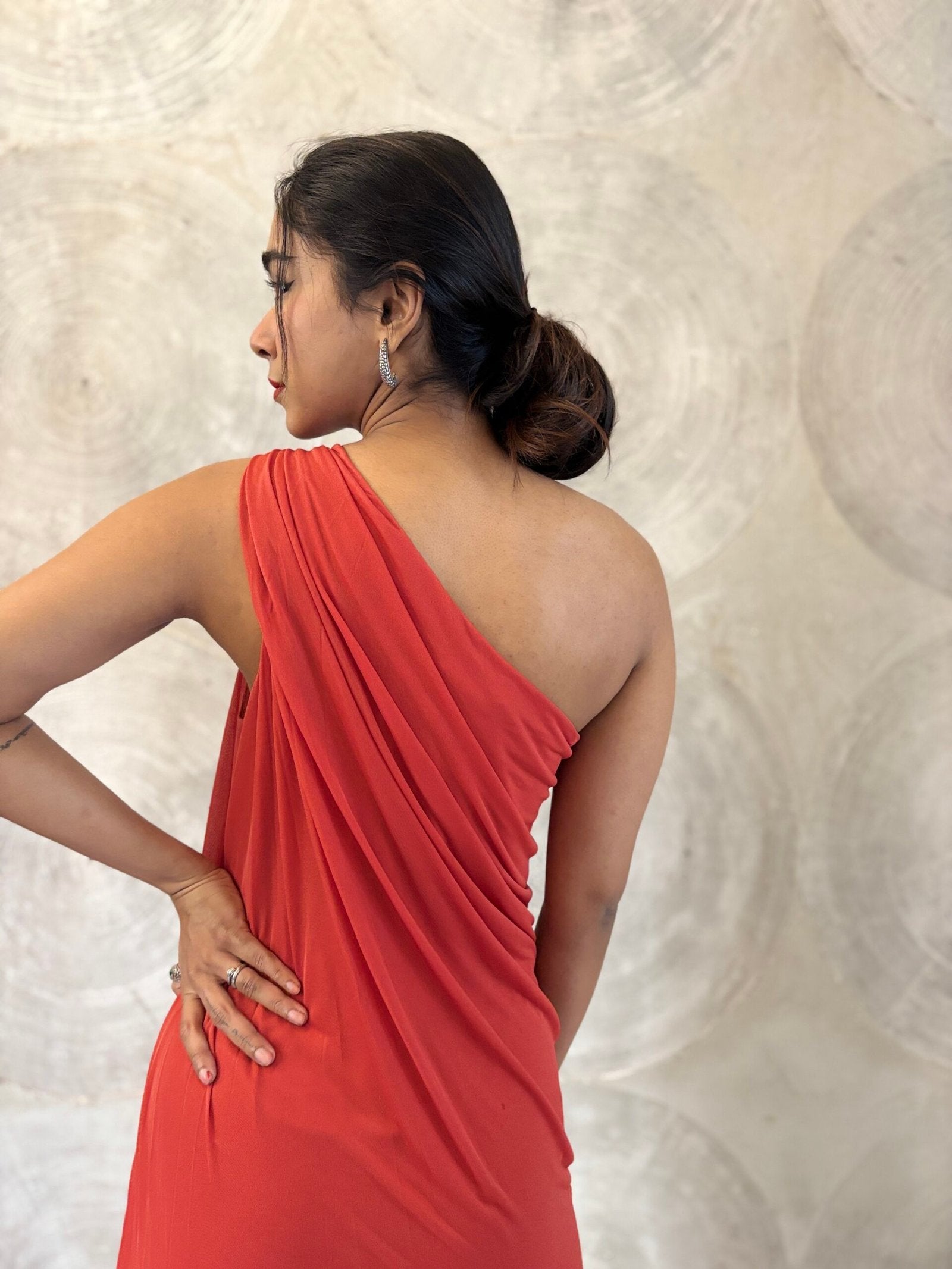 HALSTON HERITAGE- One Shoulder Long Red Drape Dress
