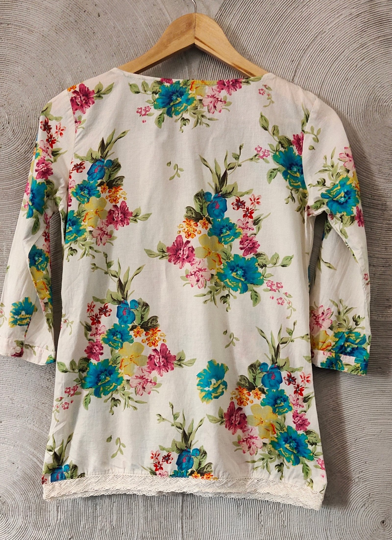 Cotton Printed White Top with Yoke Lace