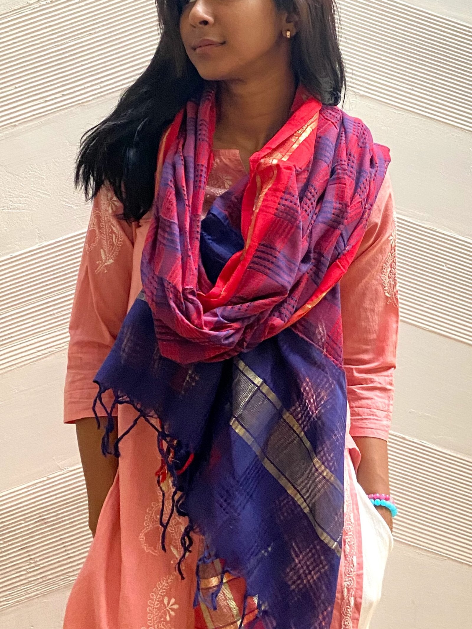 Blue and Red Cotton Dupatta with Zari Striped Border