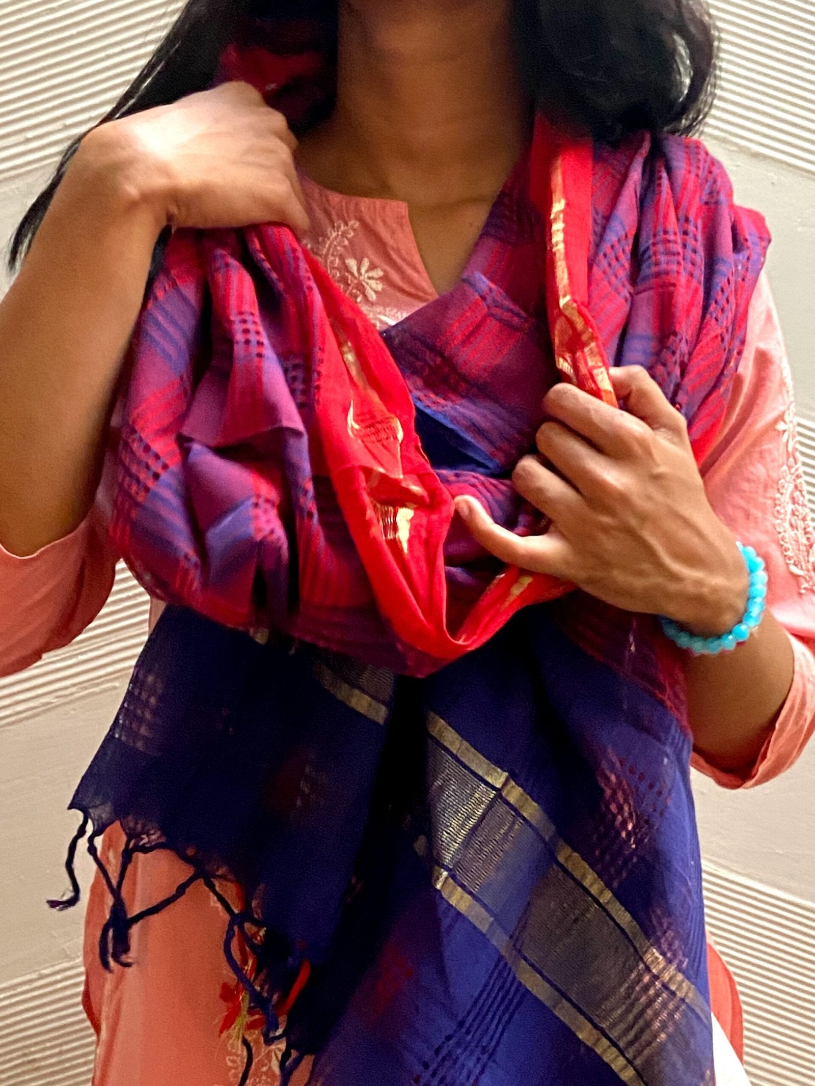 Blue and Red Cotton Dupatta with Zari Striped Border