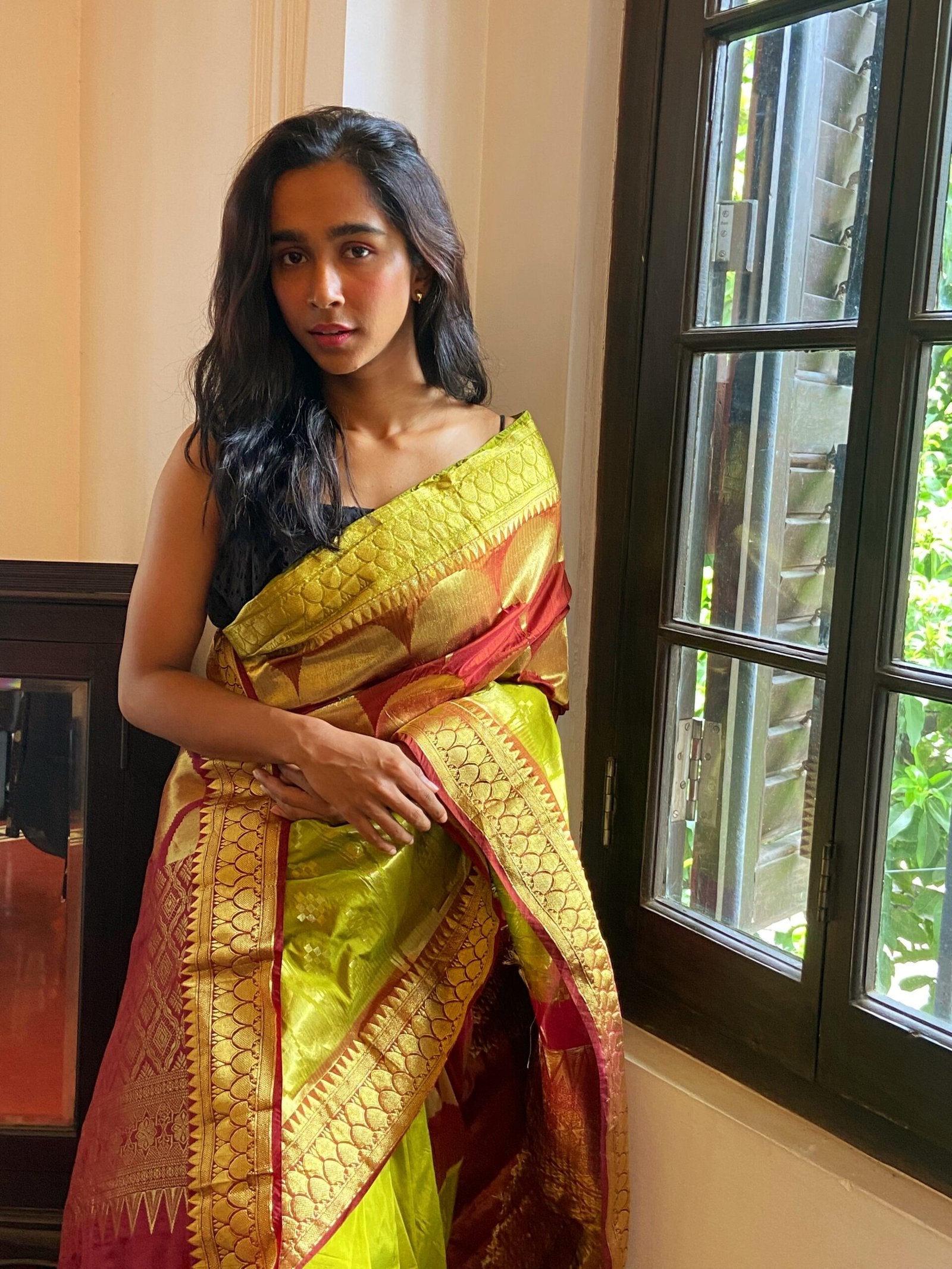 Lime green, maroon and gold tissue sari