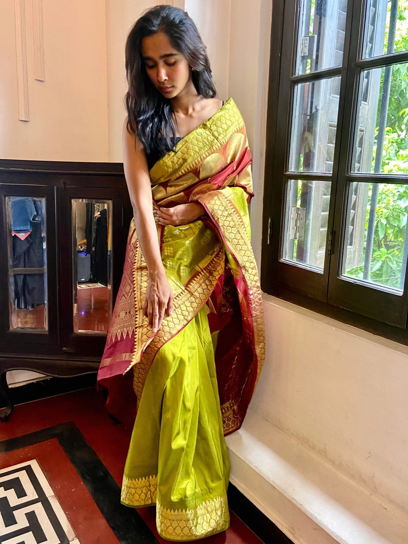 Lime green, maroon and gold tissue sari