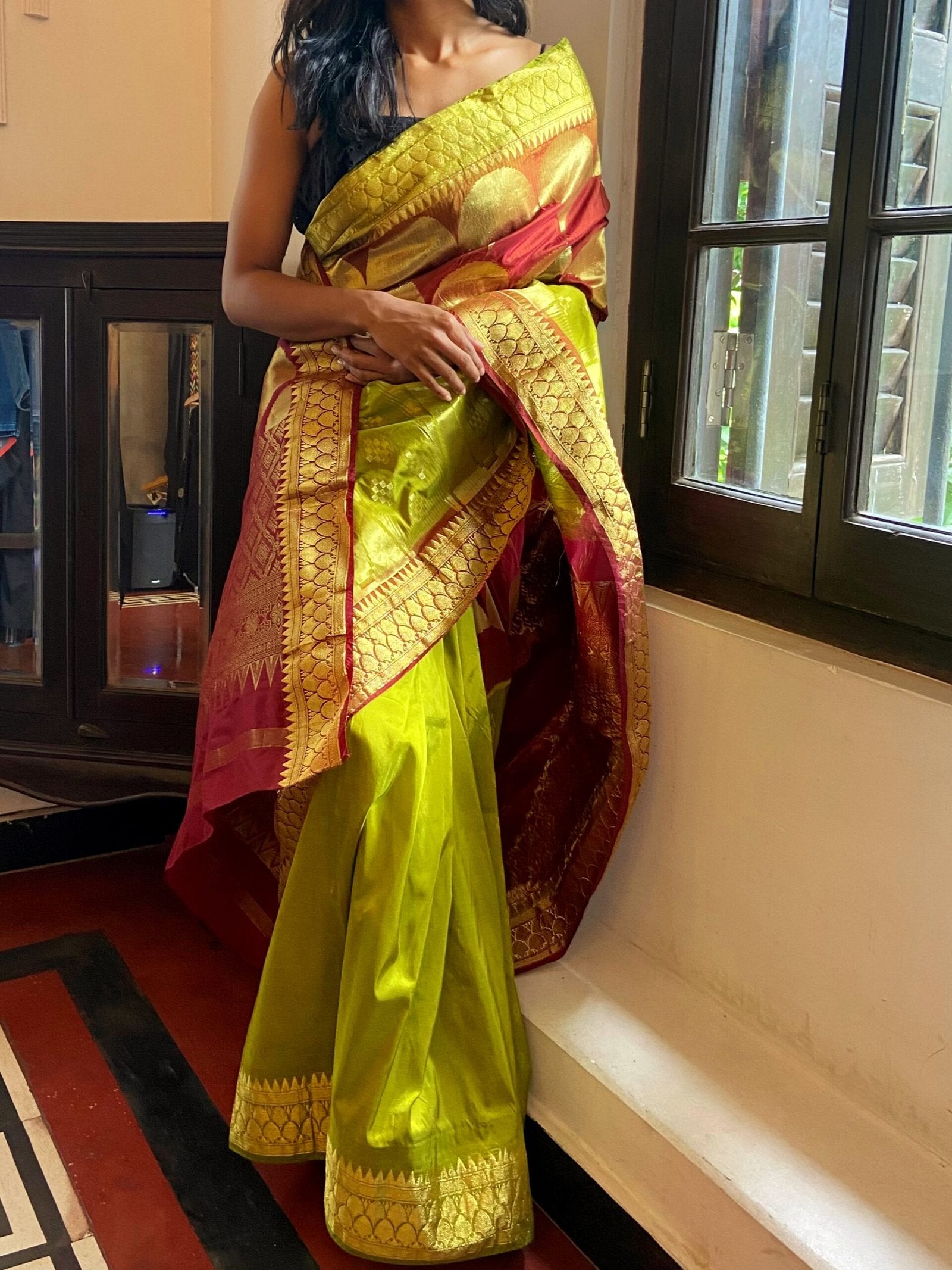 Lime green, maroon and gold tissue sari