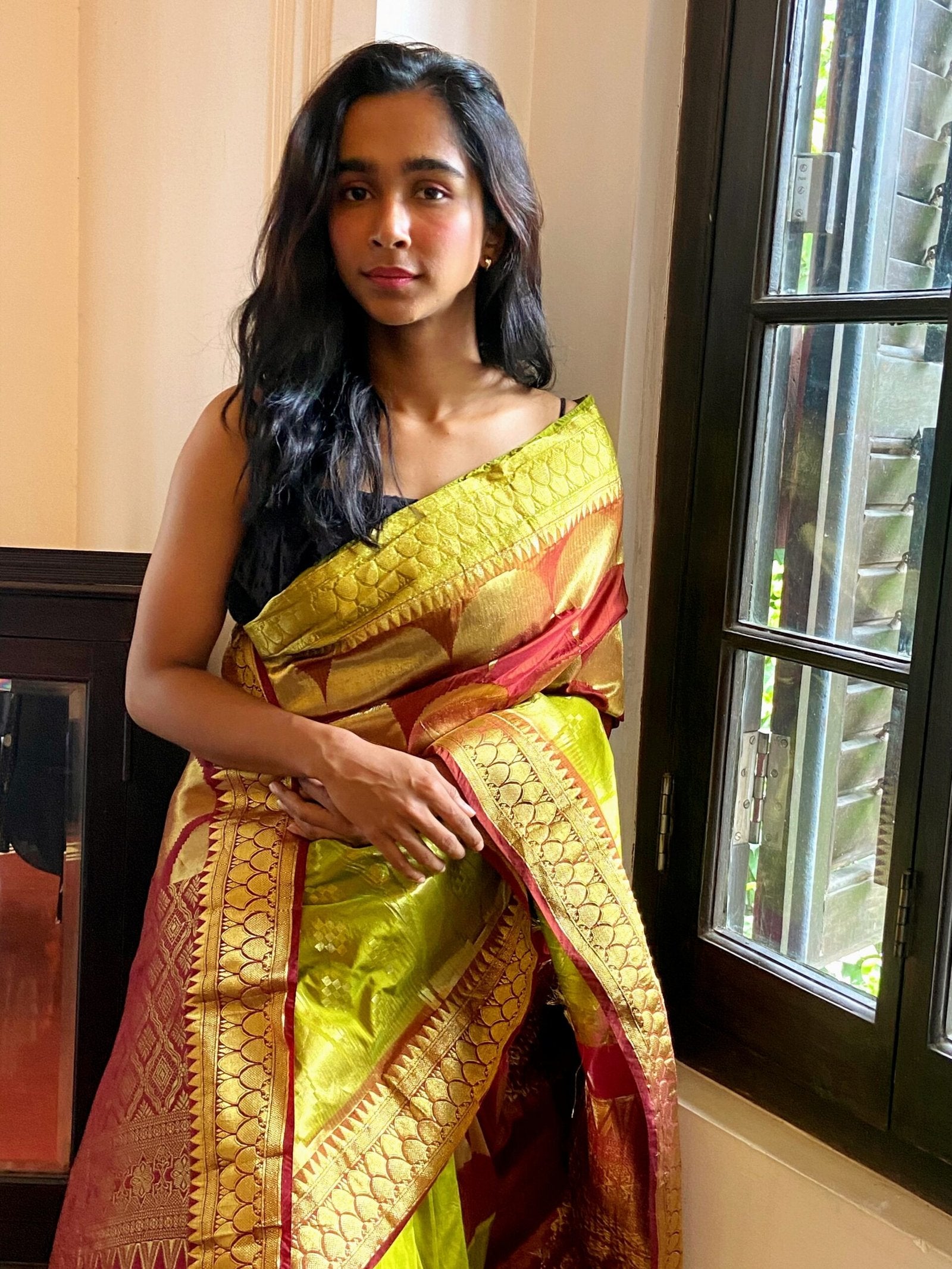 Lime green, maroon and gold tissue sari