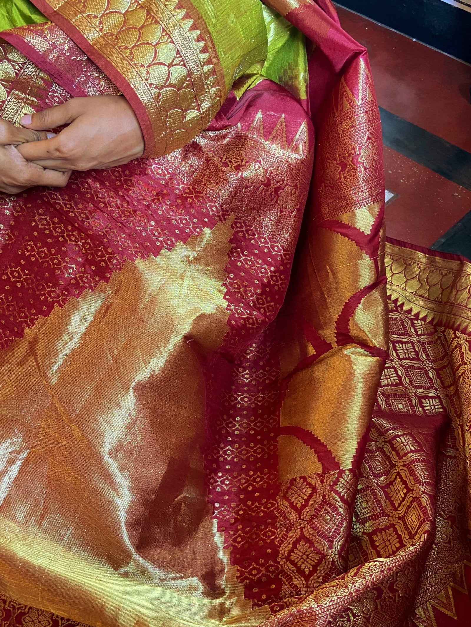 Lime green, maroon and gold tissue sari