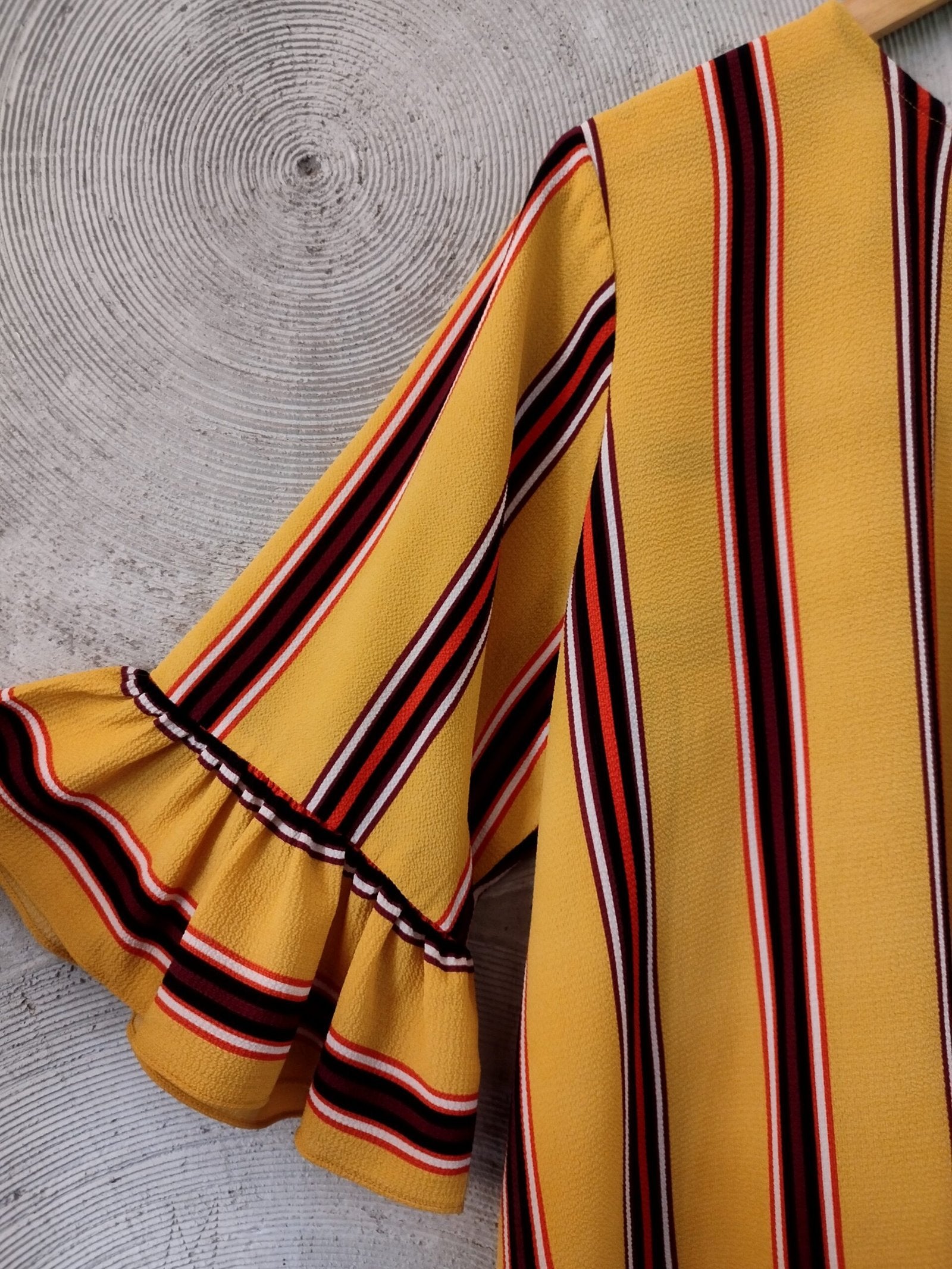 AND - Mustard Yellow & Burgundy striped Bell Sleeves Top