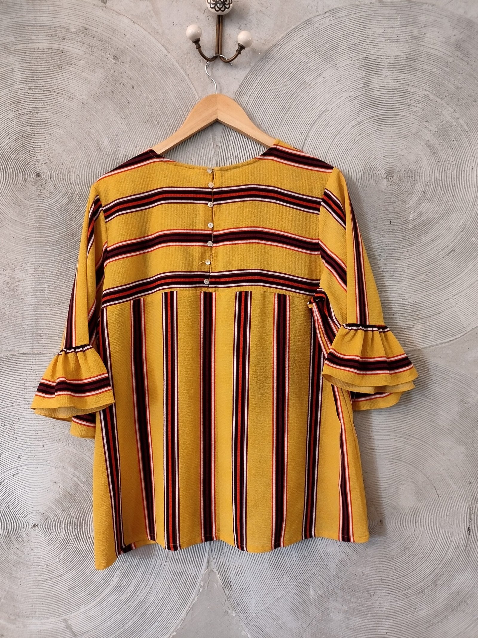 AND - Mustard Yellow & Burgundy striped Bell Sleeves Top