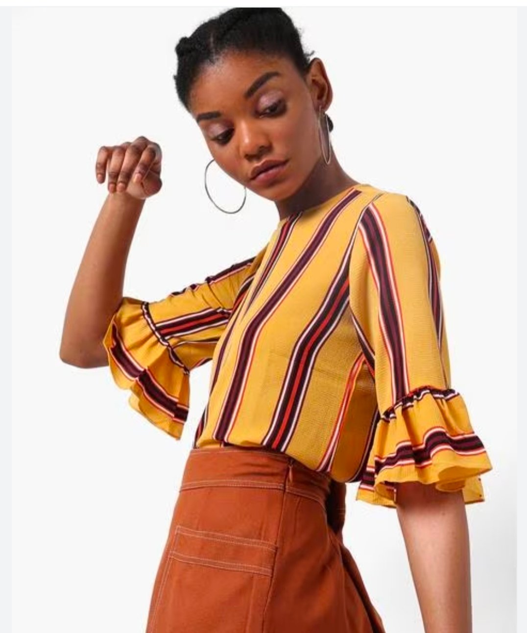 AND - Mustard Yellow & Burgundy striped Bell Sleeves Top