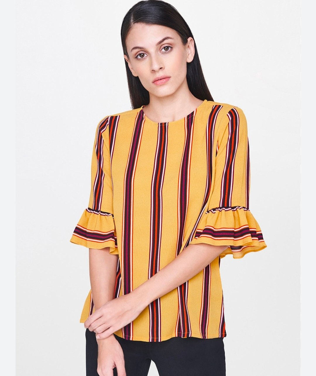 AND - Mustard Yellow & Burgundy striped Bell Sleeves Top