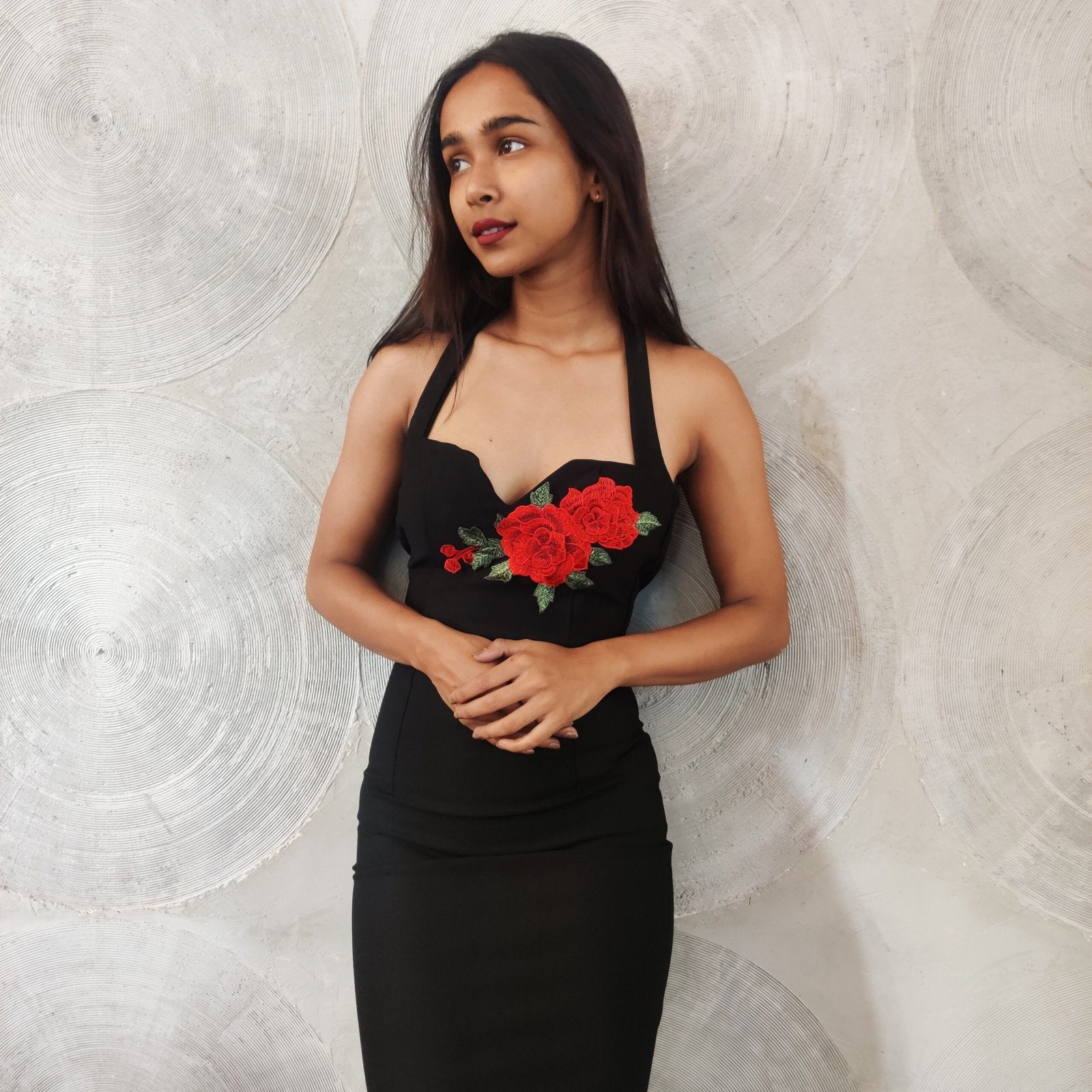 Black Dress with Rose Applique