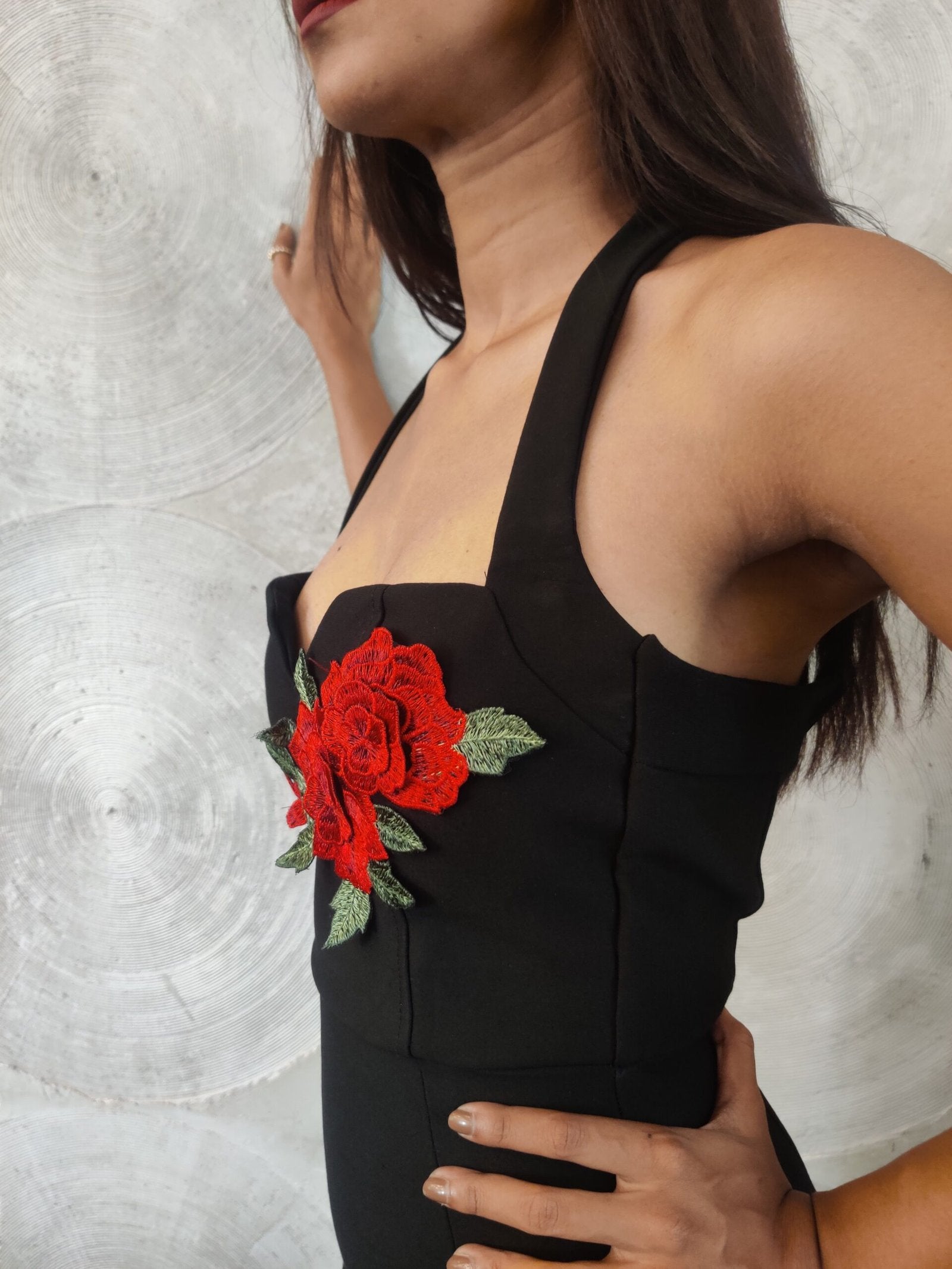 Black Dress with Rose Applique