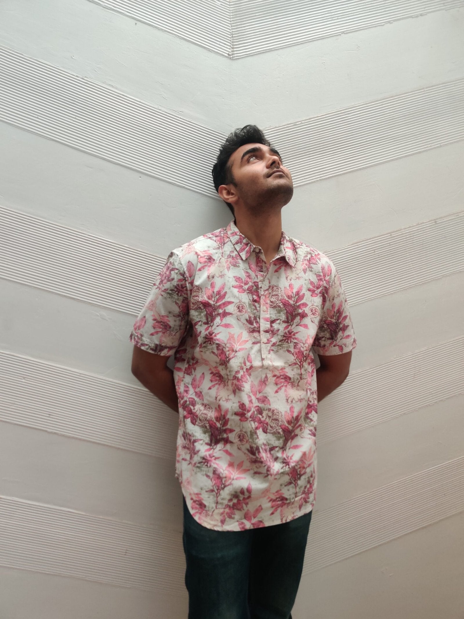 LALOFT- White and Pink Leaf Print Shirt