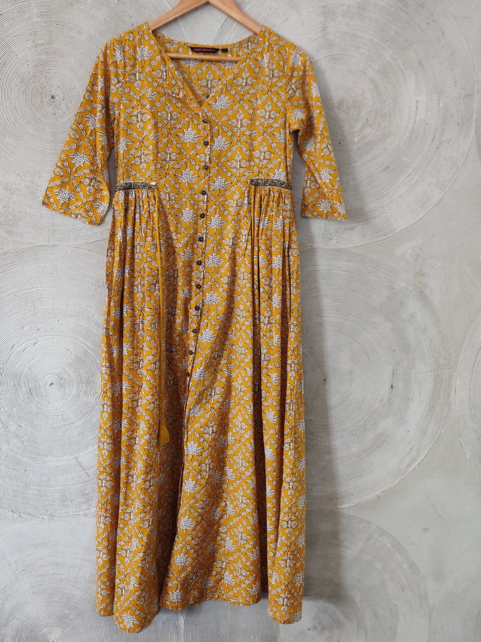 RANGMANCH-Yellow Printed Pure Cotton Flared Kurta