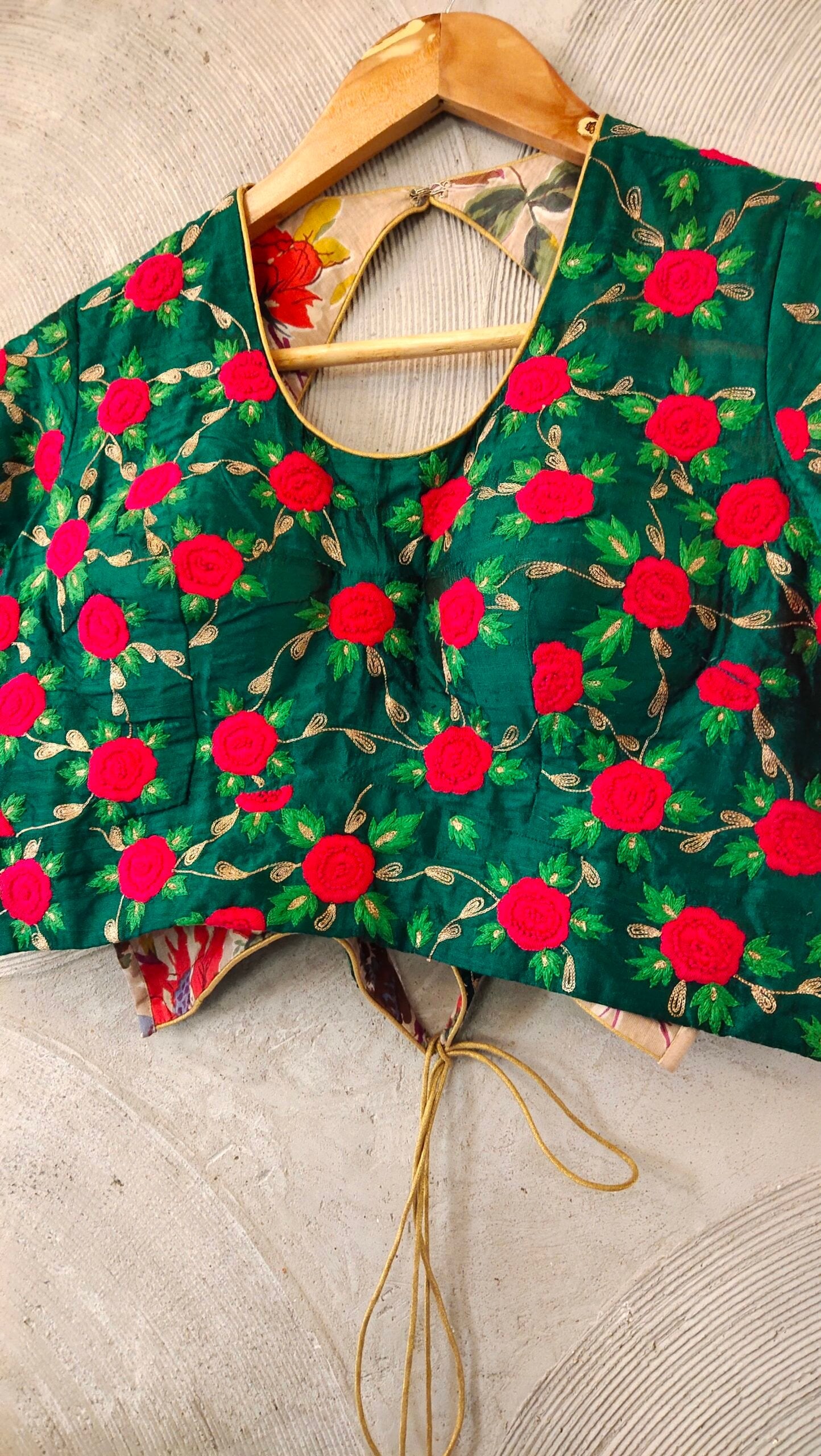 Green Silk Blouse with Pink Embroidered Roses - Semi-Stitched