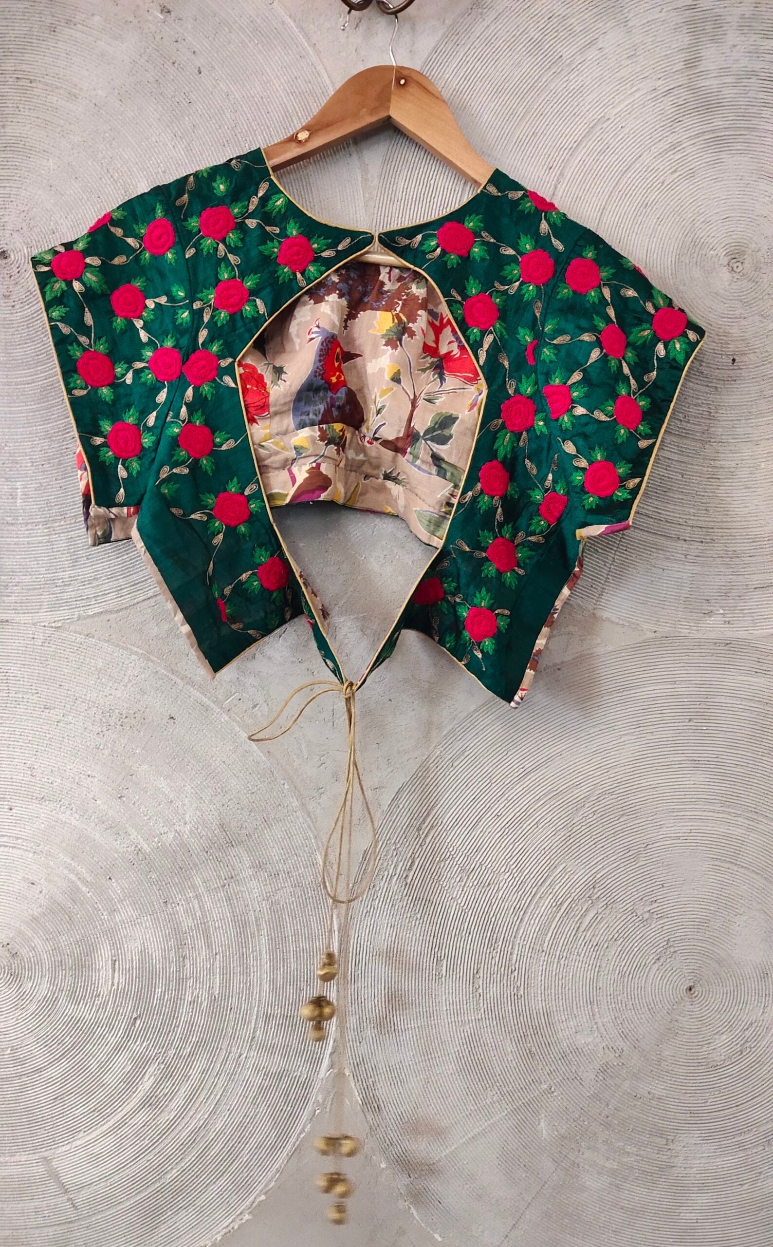 Green Silk Blouse with Pink Embroidered Roses - Semi-Stitched