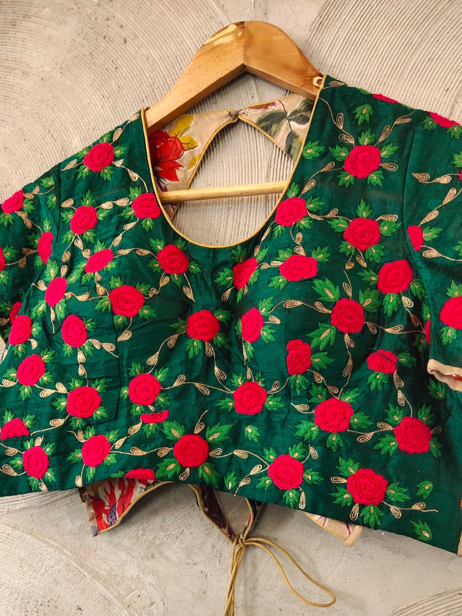 Green Silk Blouse with Pink Embroidered Roses - Semi-Stitched