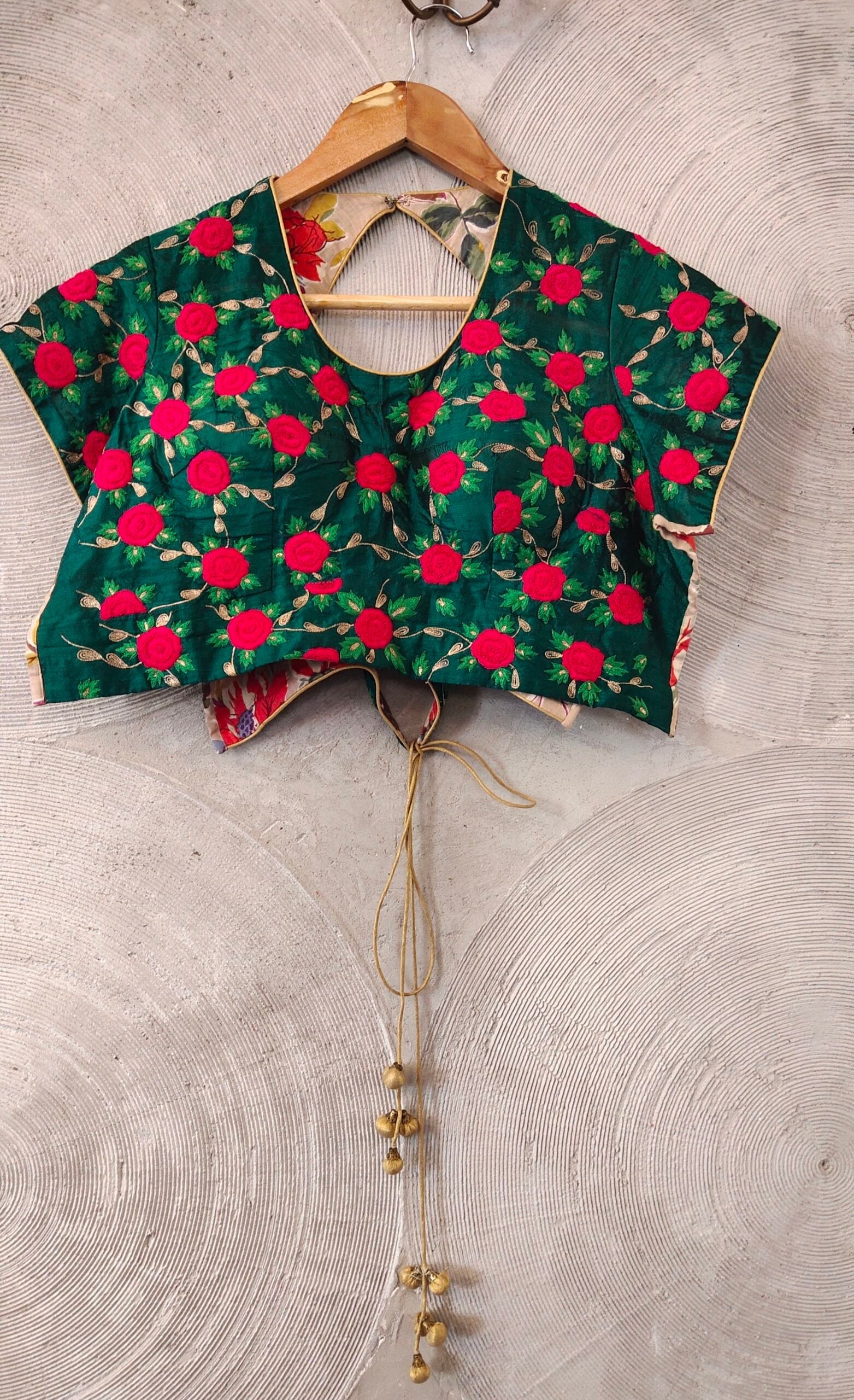Green Silk Blouse with Pink Embroidered Roses - Semi-Stitched