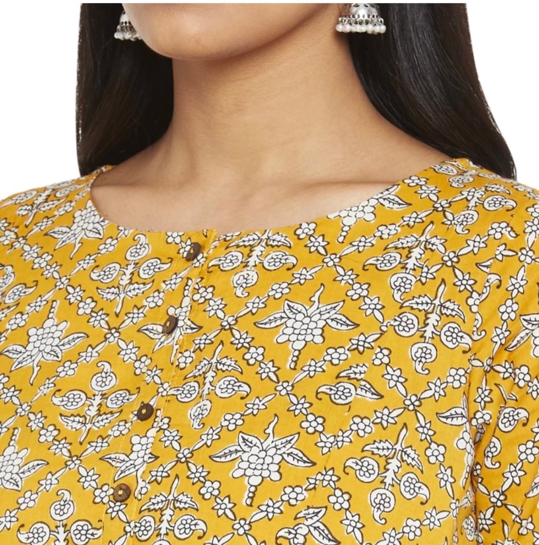 RANGMANCH-Yellow Printed Pure Cotton Flared Kurta